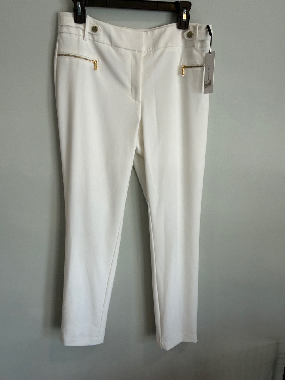 Calvin Klein White Ponte Pull-On Pants with Gold Zipper Accents - Picture 11 of 11
